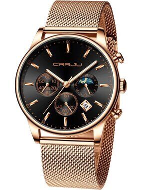 Men's Rose Gold And Black Chronograph Waterproof Steel Quartz Mesh Strap Watch